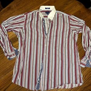 Paul Fredrick Burgundy and White Striped Casual Shirt